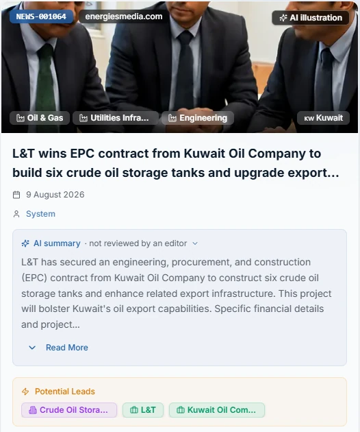 A news card from the app: L&T wins an EPC contract from Kuwait Oil Company, with an AI summary and the potential leads found